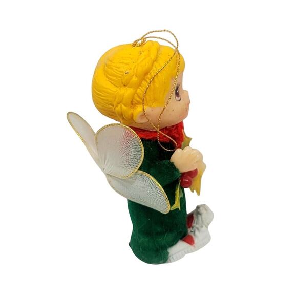 Vintage Pixie Face Elf Angel Morgan Merrie Christmas Ornament Felt Holly Scarf - Picture 4 of 6